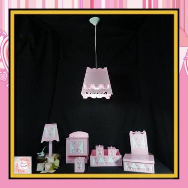 Imagem de Kit Bebe Mdf 8 Pçs + Luminária De Teto - Ursinha Rosa Lustre Rosa - Fl
