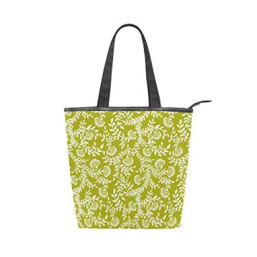 Imagem de Bolsa feminina de lona durável, vintage, floral, flores, verde, grande capacidade, sacola de compras