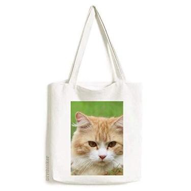 Imagem de Bolsa de lona listrada amarela com estampa de gato e estampa de animal de estimação bolsa de compras casual