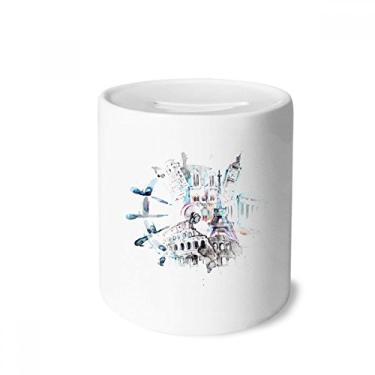 Imagem de DIYthinker Globe Big Ben Torre Eiffel Pintura Aquarela Caixa Dinheiro Caixa Cerâmica Porta-Moedas Presente