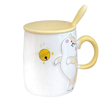 Imagem de Caneca de gato com tampa e colher 3D linda xícara de chá de café de cerâmica conjunto de caneca de casal presente de aniversário para professores, mães, amigas, amantes, (sino de filhote shiba Inu, 400 ml)