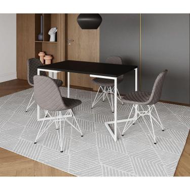 Imagem de Mesa Jantar Industrial Retangular Base V 120x75cm Preta com 4 Cadeiras Estofadas Grafite Aço Branco