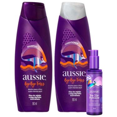Imagem de Kit Shampoo Aussie Bye Bye Frizz Maciez e Brilho 180ml + Condicionador 180ml + Leave-in Serum Aussie Non Stop Hydration 95ml