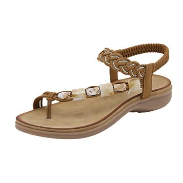 Imagem de Sandálias femininas sólidas com cadarço plataforma moda respirável bico aberto sandálias anabela estilo boêmio sandálias de praia com palmilha macia (b-amarelo, 6,5)