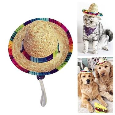 Imagem de Chapéu de palha trançado para cães e gatos, chapéu de palha estilo mexicano, adequado para fotos de fantasias adereços para festas de animais de estimação cosplay (cordão elástico)