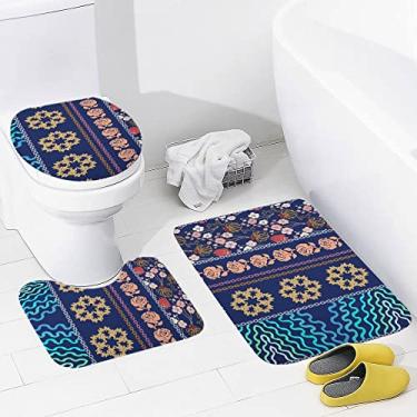 Imagem de Conjunto de 3 peças de tapetes de banheiro com motivos florais boêmios paisley, tapete de banheiro lavável antiderrapante, tapete de contorno e tampa para banheiro