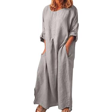 Imagem de Vestido feminino casual de verão de linho sólido solto manga longa casual vestidos de verão para mulheres praia com, Cinza, P