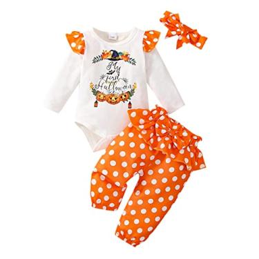 Imagem de Macaquinho de manga comprida para bebês recém-nascidos para meninas com laço e babados (laranja, 3 a 6 meses)