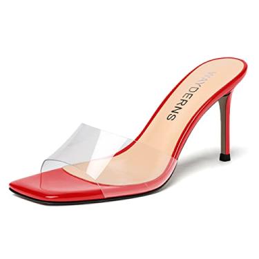 Imagem de WAYDERNS Sandálias femininas casuais de PVC com bico quadrado transparente aberto nos dedos para festa salto alto stiletto 3,3 polegadas, Vermelho, 13
