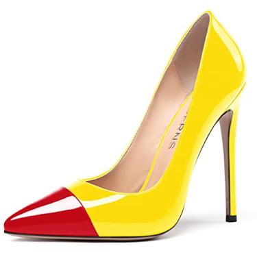 Imagem de WAYDERNS Sapatos femininos de salto alto stiletto de couro envernizado de ponta fina para festas de casamento 4,7 cm, Vermelho, amarelo, 6.5