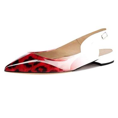 Imagem de Fericzot Sapatos femininos sensuais sandálias de bico fino salto baixo quadrado fivela Drees Flat Shoes Plus Size, Leopardo vermelho - patente, 9.5
