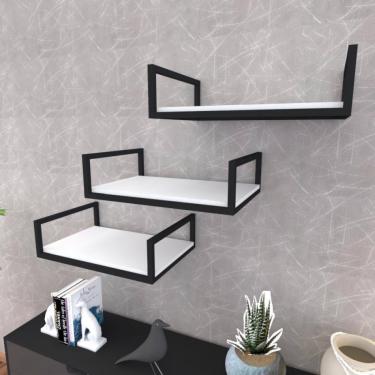 Imagem de Prateleira Industrial Suspensa Estante Parede Nicho Branca Ferro E Madeira Suporte Pratileira