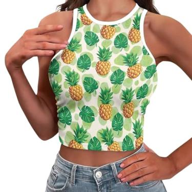 Imagem de Yewattles Top curto sexy para mulheres gola alta camisetas colete regata menina roupas de verão PP-2GG, Abacaxi tropical, P