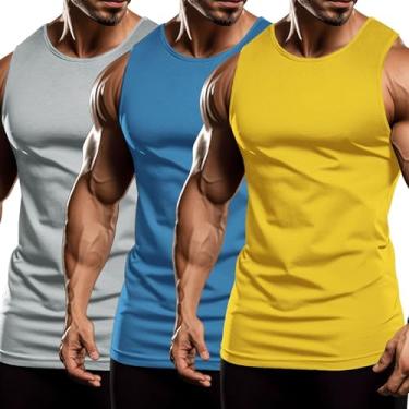 Imagem de COOFANDY Pacote com 3 camisetas masculinas regatas de ginástica sem mangas musculação musculação fitness, Amarelo/Cinza Claro/Azul, XXG