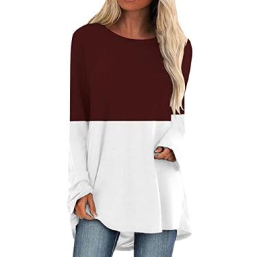 Imagem de Camiseta longa grande para mulheres com estampa colorida em bloco, gola redonda, túnica para usar com leggings Cair Folgado feminina túnica grande Patchwork colorido M45-K XX-Large