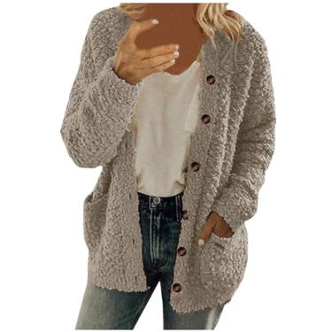 Imagem de Casaco feminino de ovelha com botões e manga comprida, cor sólida, agasalho, plus size, casaco casual de inverno, Cinza, 4G