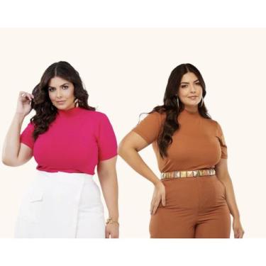 Imagem de Kit 2 Blusa Lisa Gola Alta Plus Size Estilosa Malha Elegante Social Ma