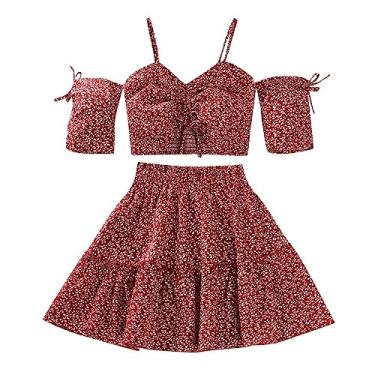 Imagem de Top com suspensório de manga curta + saia floral, conjunto de duas peças, colete curto plissado, roupas de verão para bebês, Vermelho, 9 Anos