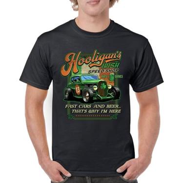 Imagem de Camiseta masculina Hooligan's Irish Speed Shop Dia de São Patrício Vintage Hot Rod Shamrock St Patty's Beer Festival, Preto, 5G