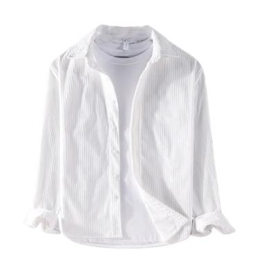 Imagem de Camisa masculina de manga longa outono casual casual veludo cotelê lapela listrada versátil blusa solta camisas simples, Branco, P