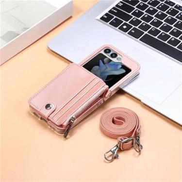 Imagem de Capa de telefone carteira com clipe de foto de couro para Samsung Z Flip5 Flip 5 Z Flip4 Flip ZFlip 5 4 Capa de cordão crossbody à prova de choque, rosa, para Samsung Z Flip4