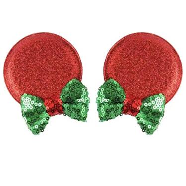 Imagem de CLGIFT Minnie Ears Faixa de cabeça flexível para bebês/crianças pequenas com lantejoulas em ambos os lados, clipe de cabelo vermelho natalino. Estilo de cabelo unissex para crianças e crianças, 2