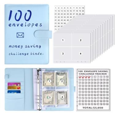 Imagem de Vodolo 100 Envelopes Livro de Desafios de Poupança de Dinheiro, Fichário de Orçamento de Armazenamento Livro de Desafio de Poupança de Dinheiro Kit Caixa de Desafio com Bolsas, Fichário de Emergência Familiar (Azul)