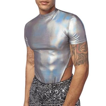Imagem de OYOANGLE Camiseta masculina de manga curta com corte metálico brilhante, gola redonda, body para festa, Prata, P
