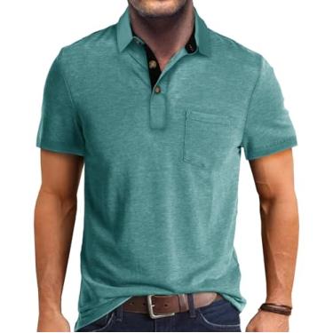 Imagem de INGORINA Camisa polo masculina casual clássica manga curta gola botão algodão golfe camisetas tops tops com bolso, Turquesa, XXG