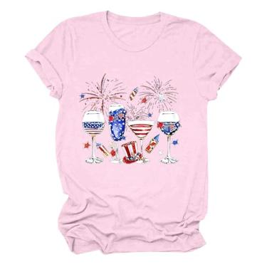 Imagem de Camisetas femininas com estampa Independent Day, manga curta, caimento solto, camisetas patrióticas de verão, rosa, GG