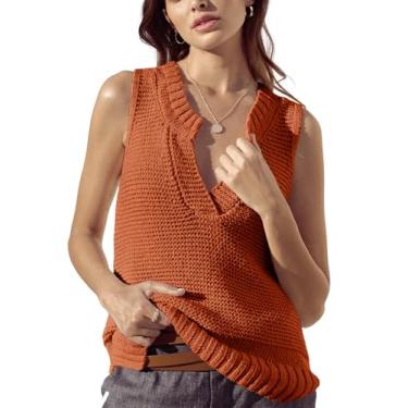 Imagem de Saodimallsu Suéter feminino sem mangas, leve, gola V, suéter de verão, regata casual de tricô, camisetas Cami, Vermelho tijolo, GG