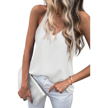 Imagem de Zeagoo Camiseta regata feminina gola V alças finas longas sexy rodadas verão texturizadas sem mangas, Branco, GG