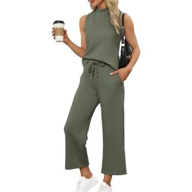 Imagem de SAMPEEL Conjunto de duas peças para mulheres, roupas de verão, gola redonda, calça cropped de perna larga, roupas de viagem para férias, Verde, Medium