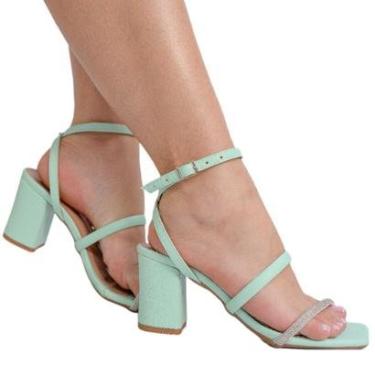 Imagem de Sandália Feminina Com Tornozeleira Salto Alto Em Bloco 10cm Com Strass 2023 64-Feminino