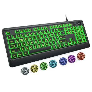 Imagem de KOPJIPPOM Teclado de impressão grande – 7 cores de luz de fundo intercambiáveis, teclado de computador com fio USB iluminado, plug and play USB, suportes dobráveis, teclado de tamanho completo com fio