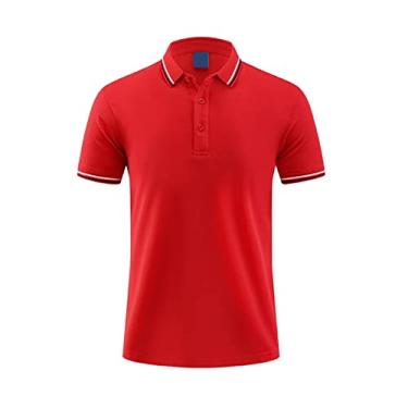 Imagem de Polos de desempenho masculino algodão cor sólida listrado gola tênis camiseta estiramento umidade wicking seco leve fino-ajuste verão(Color:Red,Size:XXL)