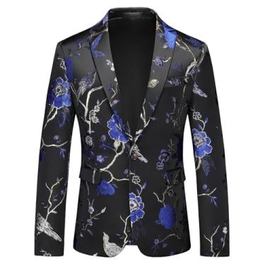 Imagem de Rogers & Morris Blazer masculino casual slim fit terno jaqueta vestido festa floral masculino casaco esportivo chaqueta de traje para hombre, Preto e azul, 3X-Large