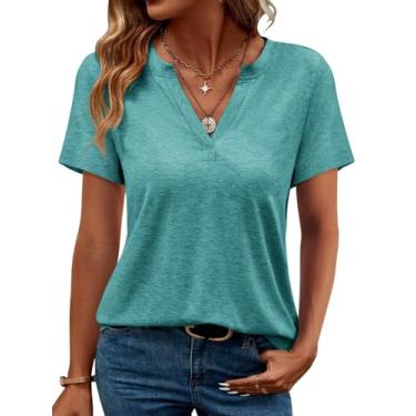 Imagem de TICTICMIMI Camisetas femininas casuais de verão com gola V e manga curta, básicas, folgadas, elegantes, Azul-petróleo, XXG