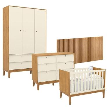 Imagem de Quarto de Bebê Unique 3 Portas com Cômoda 6 Gavetas e Painel Ripado Freijó Off White Eco Wood - Matic