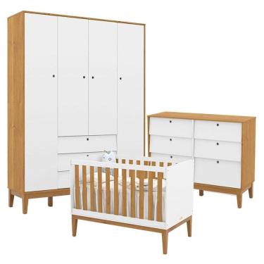 Imagem de Quarto de Bebe Unique 4 Portas com Cômoda 6 Gavetas Branco Soft Freijó Eco Wood - Matic