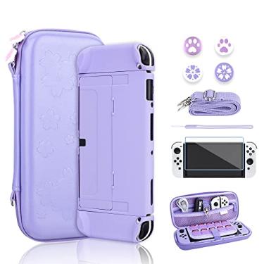 Imagem de RHOTALL Sakura Embossing Cute Carrying Case Set for Nintendo Switch OLED, Accessories Bundle for Switch OLED with Hard Case, Screen Protector, 4 Thumb Caps, Wrist Band and Shoulder Strap (Purple)