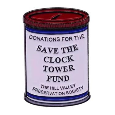Imagem de Save the Clock Tower Fund Collection Can Donations Back to the Future Marty McFly Doc Brown DeLorean Classic Vintage Movie 3 cm Emblema de broche esmaltado, 1.2 Inches, Esmalte, Esmalte