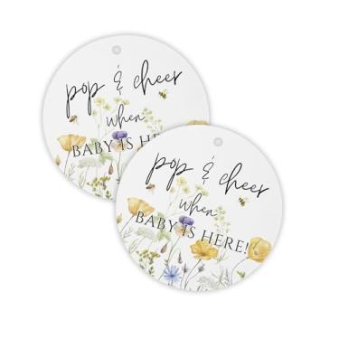 Imagem de Pop and Cheer When Baby is Here Bees Hang Tag | 30 unidades, círculo, abelha, floral, borboleta, adesivos, modernos, minimalistas, champanhe, etiquetas, cordão