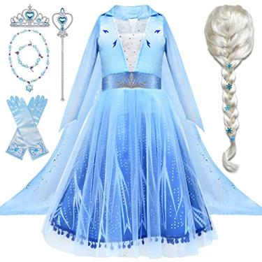 Imagem de Tacobear 10 peças de vestido de fantasia de Elsa Frozen para meninas, crianças, roupas de fantasia de princesa para meninas com acessórios Elsa, luvas, coroa, varinhas, peruca, colar para crianças de