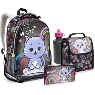 Imagem de Kit Mochila Costas Lancheira Estojo Garrafa Escolar Gatinho - Seanite