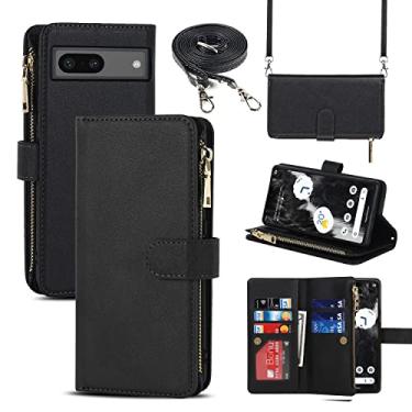 Imagem de iCoverCase Capa carteira para Google Pixel 7a com suporte para cartão, capa de couro PU com cordão transversal ajustável, fecho magnético com zíper, bolso e capa flip (preto)