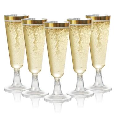 Imagem de MATANA 24 Taças de Champanhe Douradas de Plástico com Borda Dourada, 150 ml - Copos Reutilizáveis para Brindes, Copos de Coquetel Prosecco para Casamentos, Aniversários, Natal, Churrasco, Festas