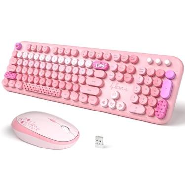 Imagem de Teclado e mouse sem fio, teclado retrô de máquina de escrever colorida SQMD com teclas redondas, conjunto de teclado e mouse USB de 2,4 GHz para Mac, PC, desktop, laptop (rosa colorido)