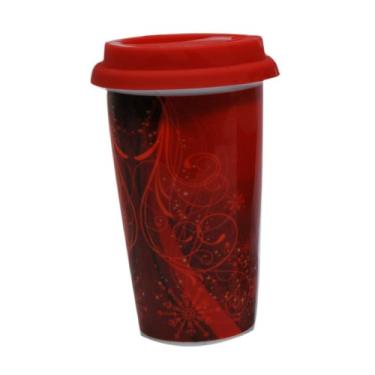 Imagem de Starfrit Caneca de cerâmica de parede dupla Taza To Go 473 g com tampa de silicone, design vermelho de Natal