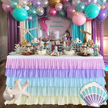 Imagem de Saia de mesa de tule sereia para mesa retangular ou redonda tutu chiffon toalha de mesa para aniversário, chá de bebê, casamento, decoração de festa (arco-íris, G 4,3 m, H 76,2 cm)